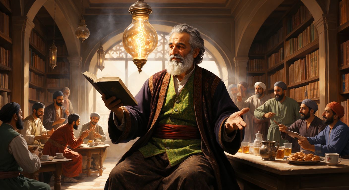 A wise elderly Turkish man with a thoughtful expression sits in a sunlit Ottoman-style library, holding an open book in one hand while gesturing toward a glowing lightbulb, a bubbling science experiment, and a group of smiling people sharing tea and baklava.