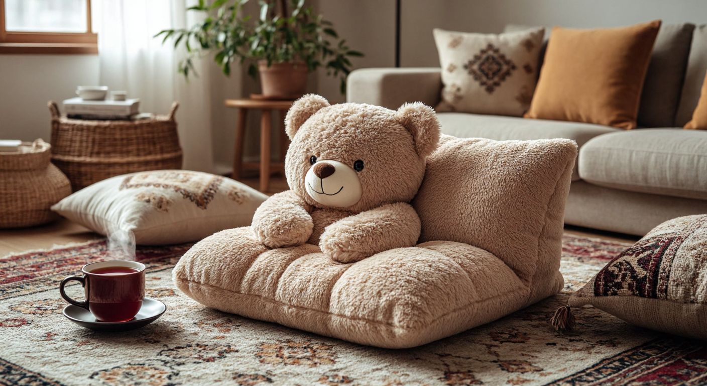 A plush, beige teddy cushion sits folded on a cozy Turkish living room floor, surrounded by scattered throw pillows and a steaming cup of çay, evoking comfort and relaxation.