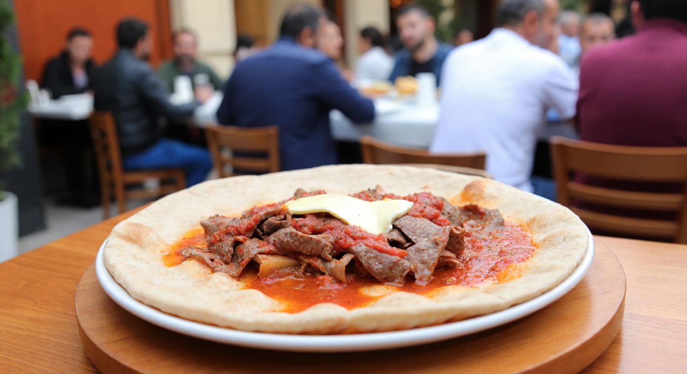 A steaming plate of İskender kebab with tender meat slices, rich tomato sauce, and melted butter, served on warm pita bread, placed on a wooden table in a bustling Turkish restaurant, with a mix of satisfied and dissatisfied customers in the background.