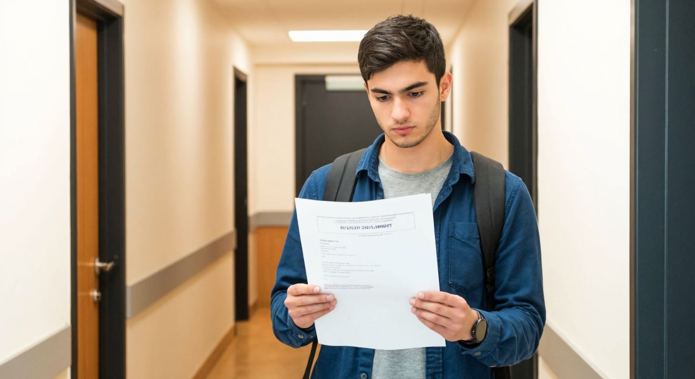 A young Turkish student in a university corridor intently holds a printed exam entry document, glancing at it with focused determination while standing near a classroom door.