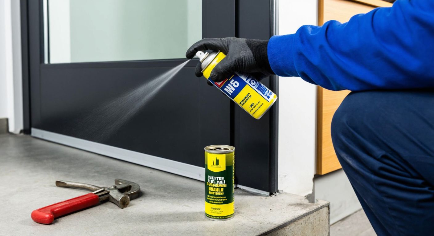 A close-up of a mechanic's gloved hand spraying WD-40 onto the hinges of a sleek automatic door in a modern Turkish building, with a can of spray grease and a bottle of olive oil placed nearby on a tool-lined workbench.