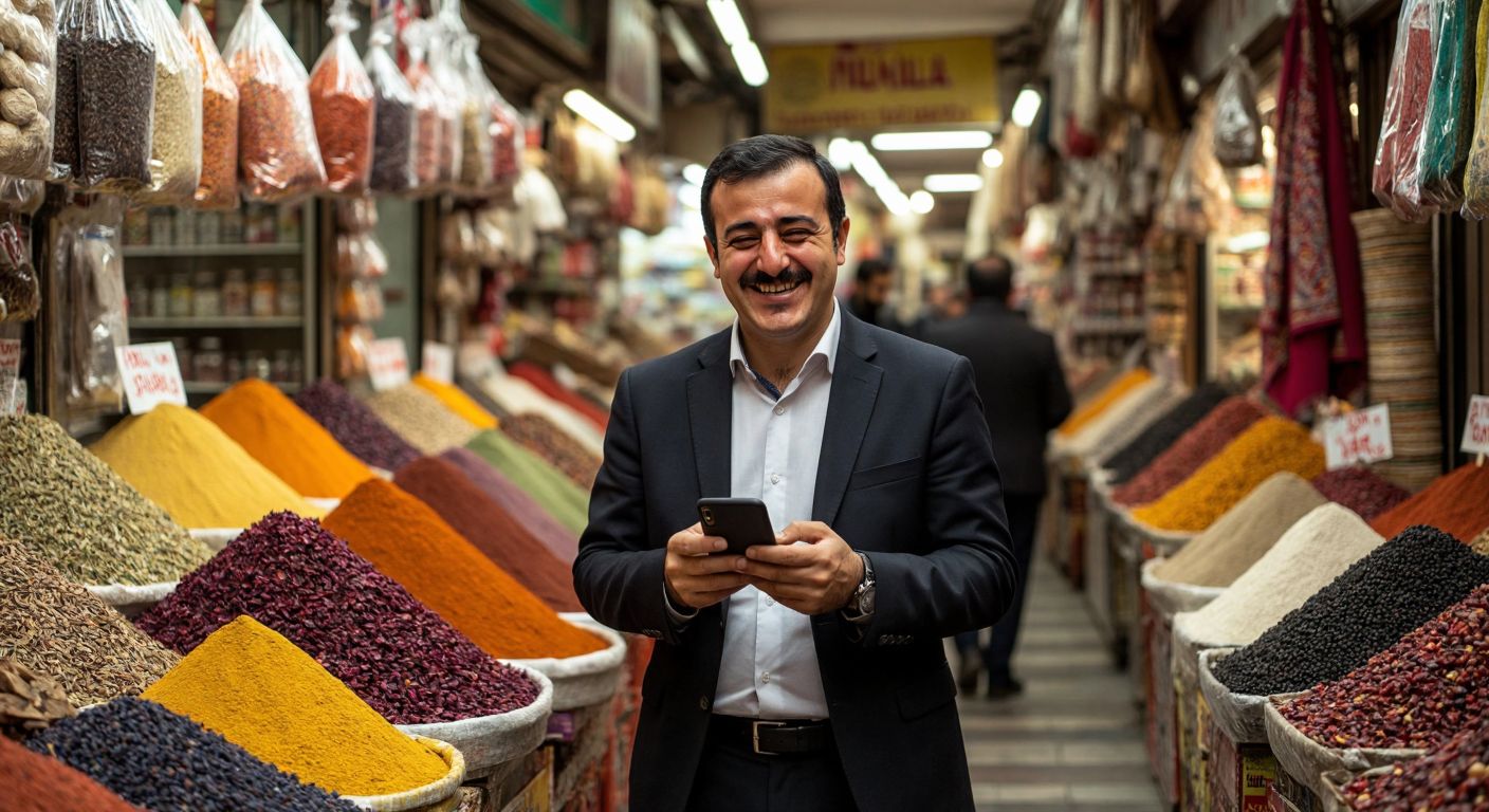 A Turkish shopkeeper in a bustling bazaar smiles with relief while holding a smartphone, surrounded by colorful spices and textiles, as a government official in a suit shakes his head reassuringly.