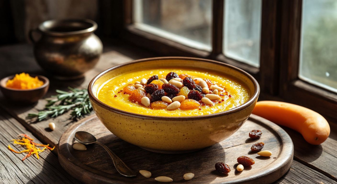 A warm, golden-yellow bowl of zerde, garnished with pine nuts, raisins, and dried apricots, sits on a rustic wooden table in a sunlit Turkish kitchen, with saffron strands and rosewater nearby.