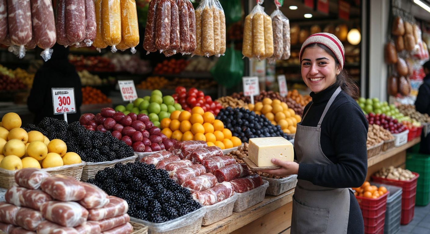 A vibrant Turkish market stall displays fresh fruits, wrapped meats, and nuts all coated in a thin, glossy edible film, with a smiling vendor holding a block of cheese similarly wrapped.