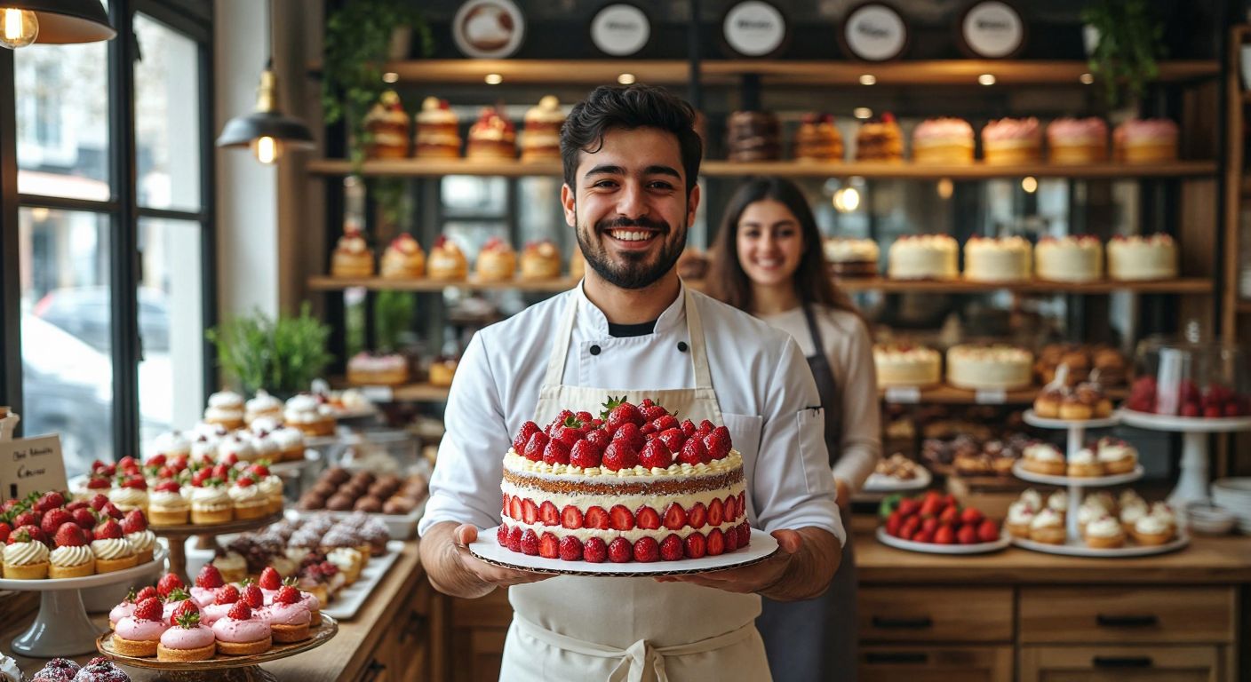 A cheerful baker in a white apron presents a beautifully decorated, multi-layered cake with fresh strawberries and cream in a cozy Yalova pastry shop, surrounded by shelves of colorful pastries and customers smiling in anticipation.