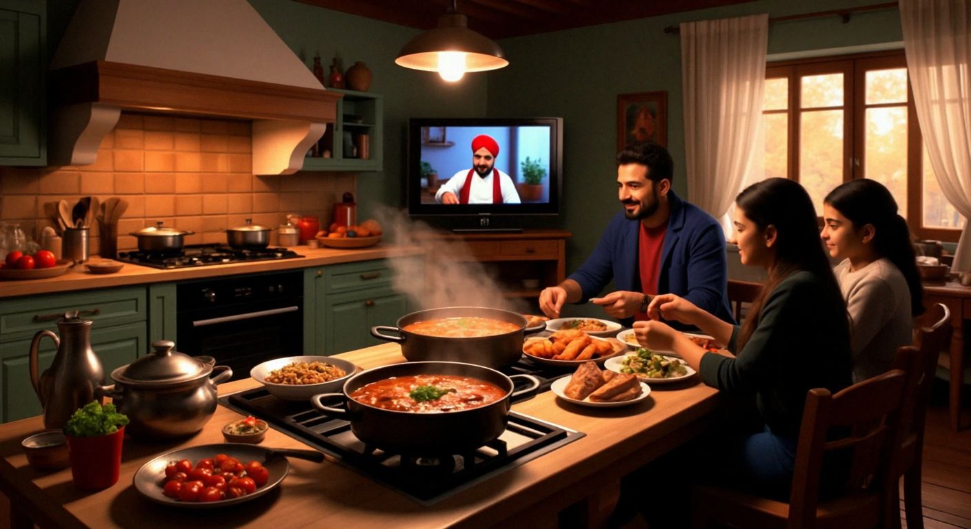 A cozy Turkish kitchen with a steaming pot of traditional dish on the stove, a TV in the corner showing a cooking show, and a family eagerly gathered around the table, their faces lit with anticipation.