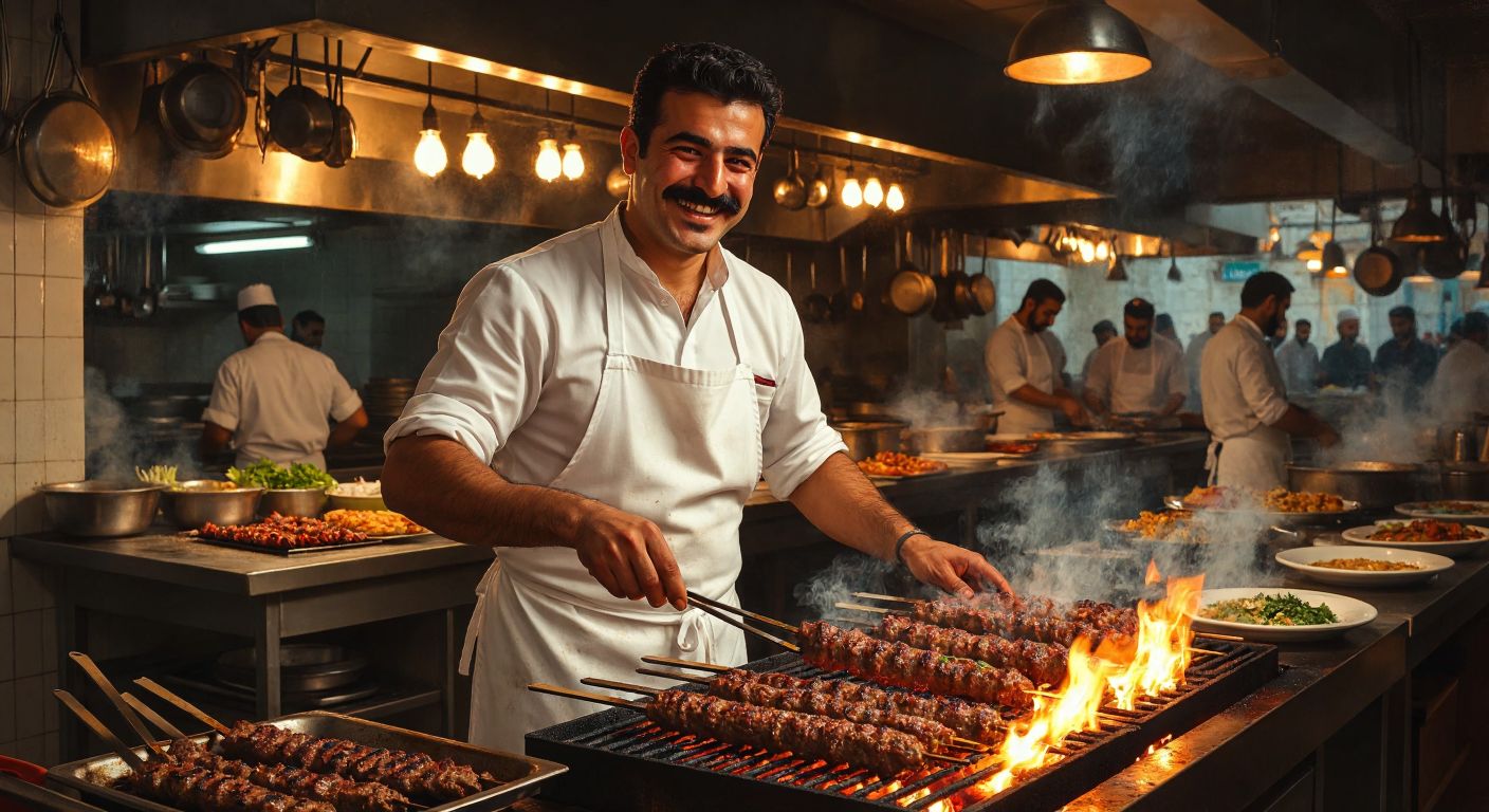 A smiling, mustachioed man in a white apron grilling skewers of spicy Adana kebab over glowing charcoal, with a bustling Turkish restaurant kitchen in the background.