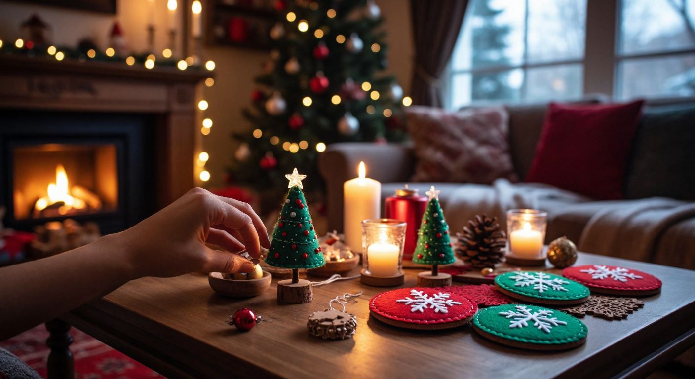 A cozy Turkish living room with a festive New Year's atmosphere, where hands craft colorful felt and cork coasters adorned with holiday motifs like tiny Christmas trees and snowflakes, surrounded by warm lighting and scattered crafting materials.