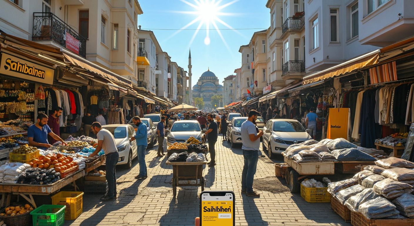 A bustling Turkish marketplace with vendors and buyers haggling over second-hand goods, cars, and real estate under a bright sun, with a smartphone displaying the Sahibinden.com logo nearby.