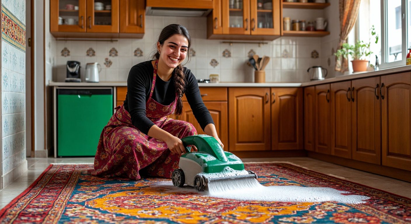 A smiling Turkish woman in a bright, tiled kitchen operates a carpet-cleaning machine over a vibrant patterned rug, with soapy water visibly lifting dirt from the fibers.