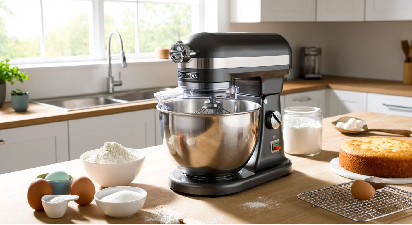 A stainless steel planetary dough mixer sits on a sunlit kitchen counter, surrounded by bowls of flour, eggs, and sugar, with a golden cake cooling nearby.