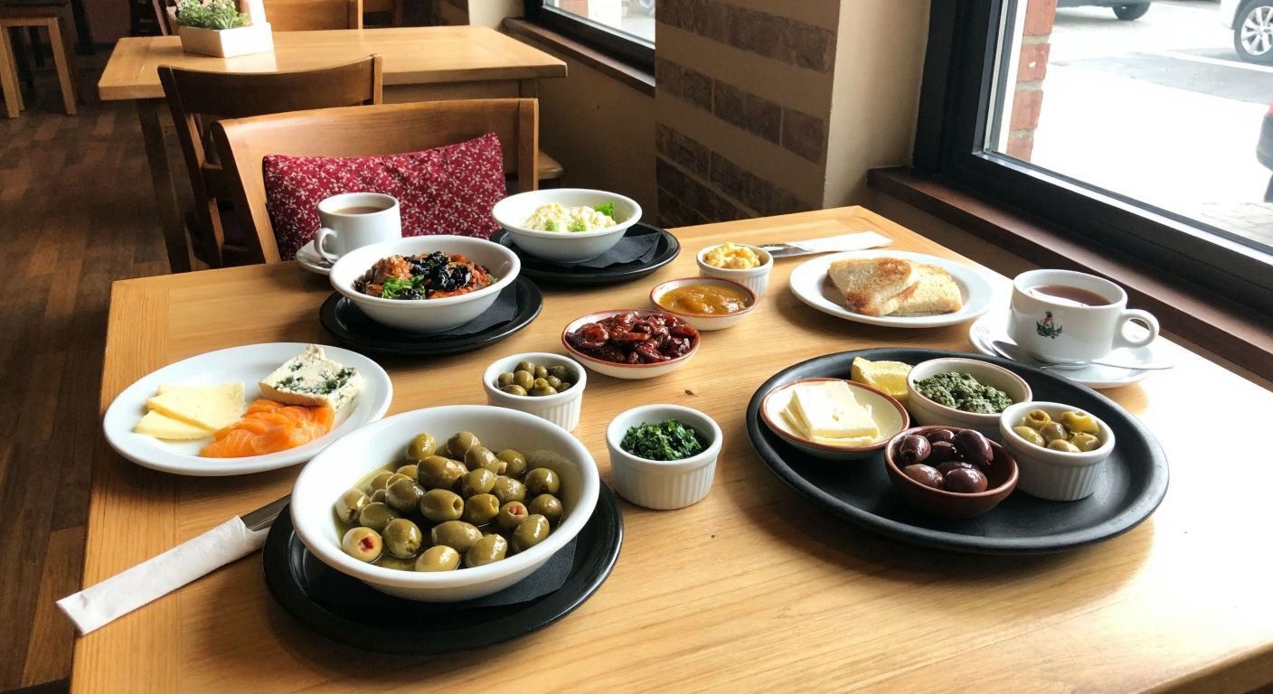 A cozy café in Üsküdar with a wooden table set for two, featuring a colorful spread of Turkish breakfast dishes like olives, cheeses, jams, and fresh bread, evoking warmth and hospitality.