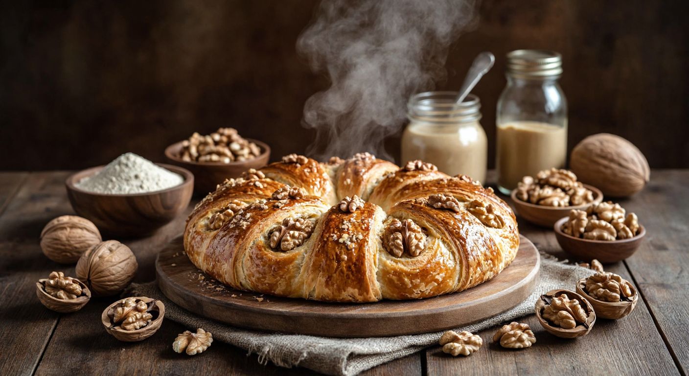A warm, golden-brown walnut-studded pastry (cevizli çörek) rests on a wooden kitchen table, surrounded by freshly cracked walnuts, a bowl of yeast, and a jar of tahini, with steam rising from the freshly baked loaf.