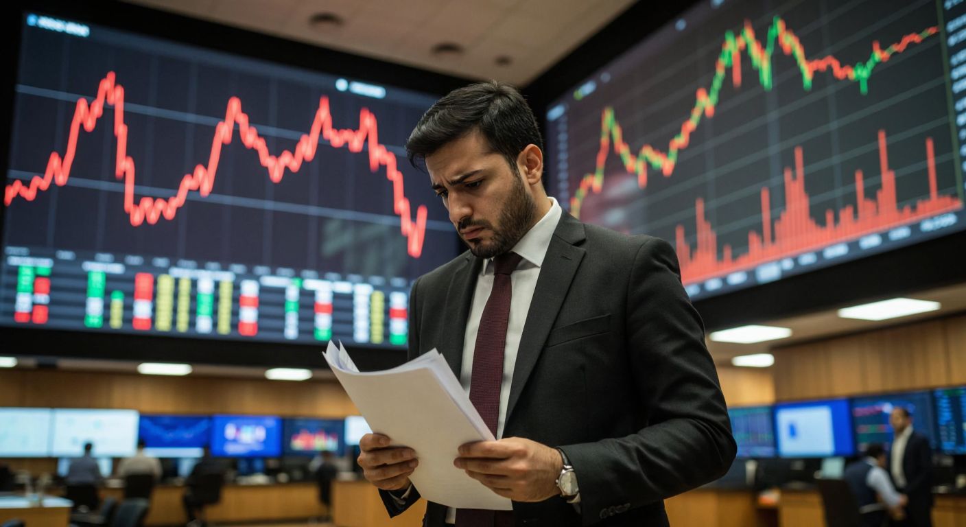 A worried Turkish businessman in a suit stands in front of a downward-trending stock graph, clutching financial documents while gazing at a chaotic Istanbul stock exchange floor.