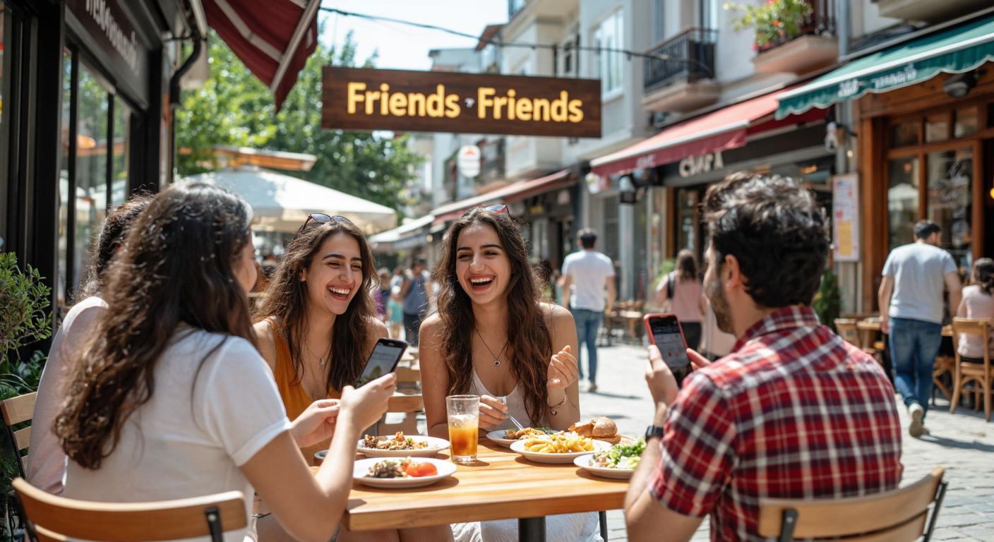 A cheerful group of Turkish friends sharing a meal outdoors, one enthusiastically showing a phone screen to another while gesturing toward a nearby café with a "Friends Bring Friends" banner.