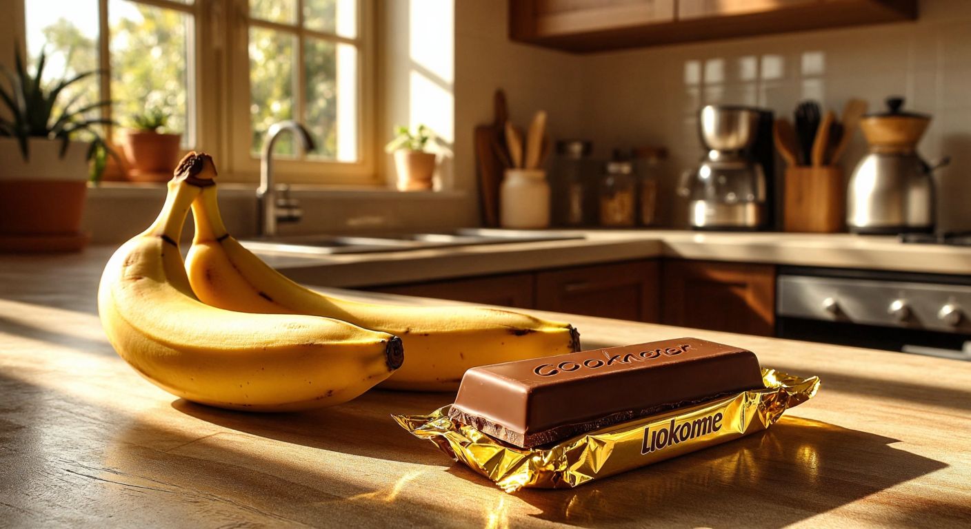 A vibrant, close-up shot of a golden-wrapped Ülker Çokomel chocolate bar with a sliced banana beside it, resting on a sunlit wooden table in a cozy Turkish kitchen.