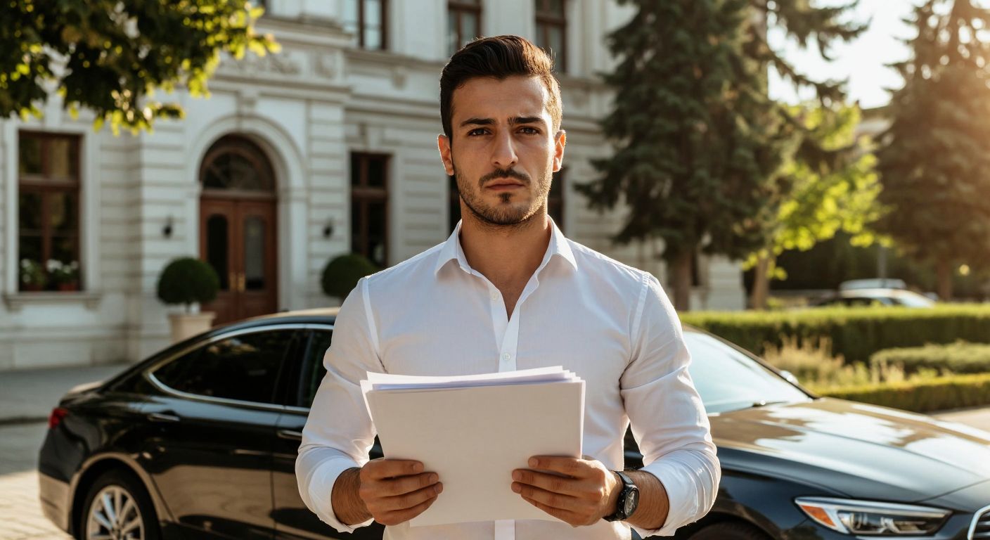 A determined Turkish businessman in a crisp white shirt stands in front of a municipal office, holding a stack of official documents with a focused expression, while a sleek car gleams in the background under the warm sunlight.