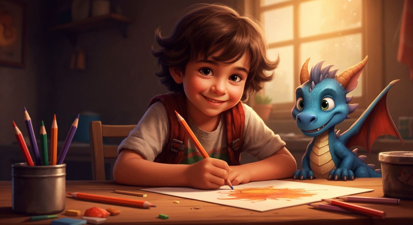 A cheerful Turkish child around 6 years old, sitting at a wooden table with colorful pencils, carefully drawing a friendly, cartoonish dragon on paper while smiling with focus.