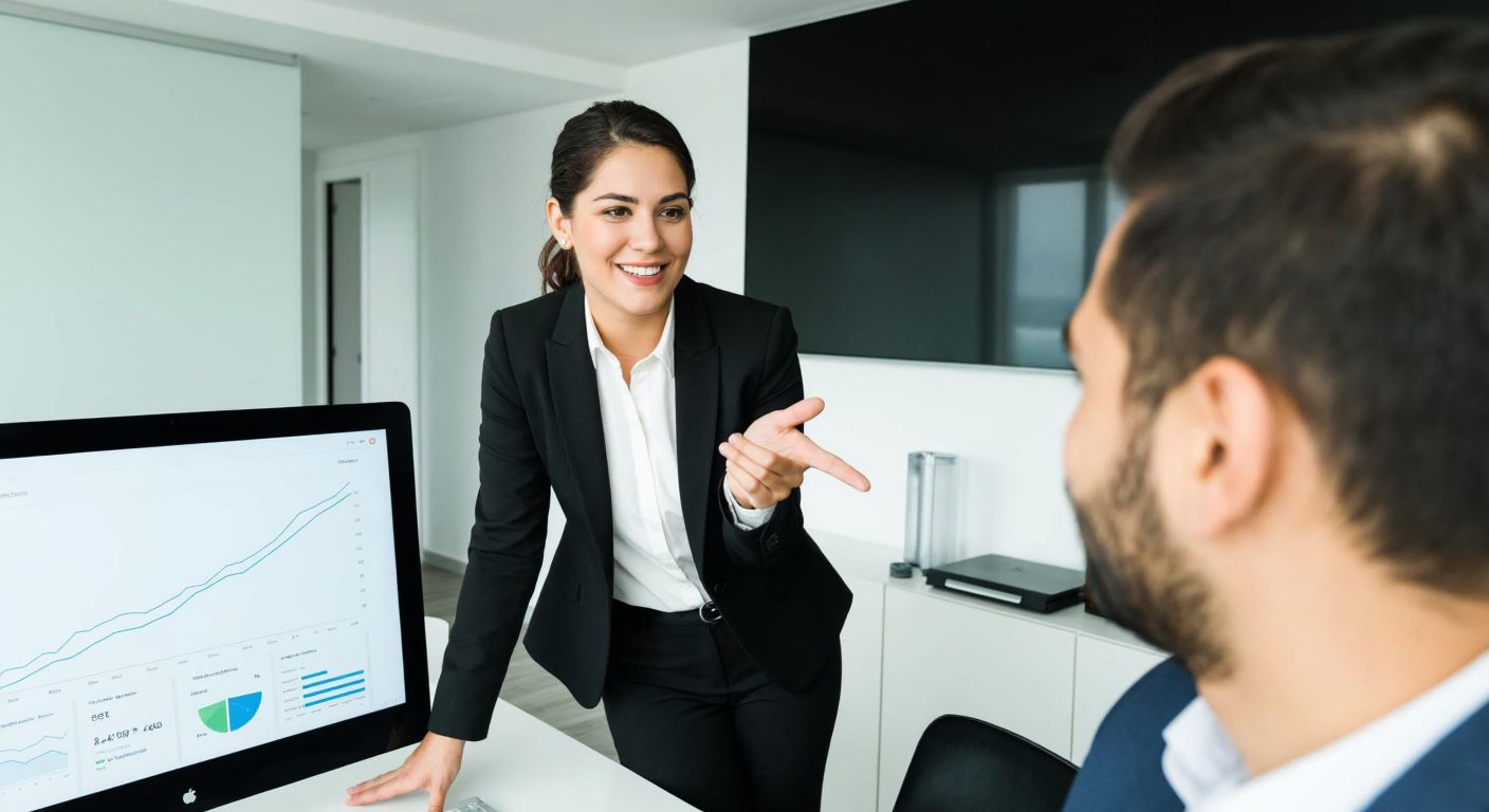 A professional Turkish financial advisor in a modern office, pointing at a graph with a confident expression while a client listens attentively.