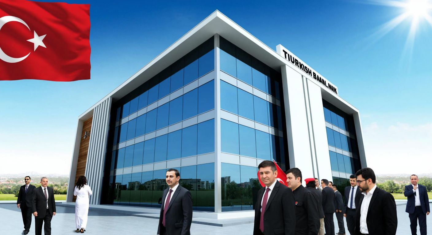 A modern Turkish bank building with a sleek glass facade, surrounded by people in business attire, some wearing traditional Turkish accessories, under a bright blue sky with the Turkish flag subtly visible in the background.