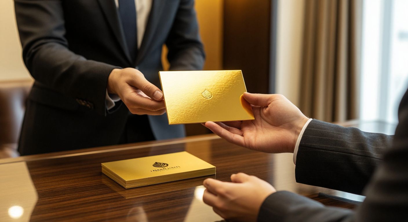 A sleek, gold-foiled business card resting on a polished wooden table, catching the light with its luxurious metallic sheen, while a well-dressed professional in a tailored suit hands it to a client with a confident smile in an elegant Turkish office setting.