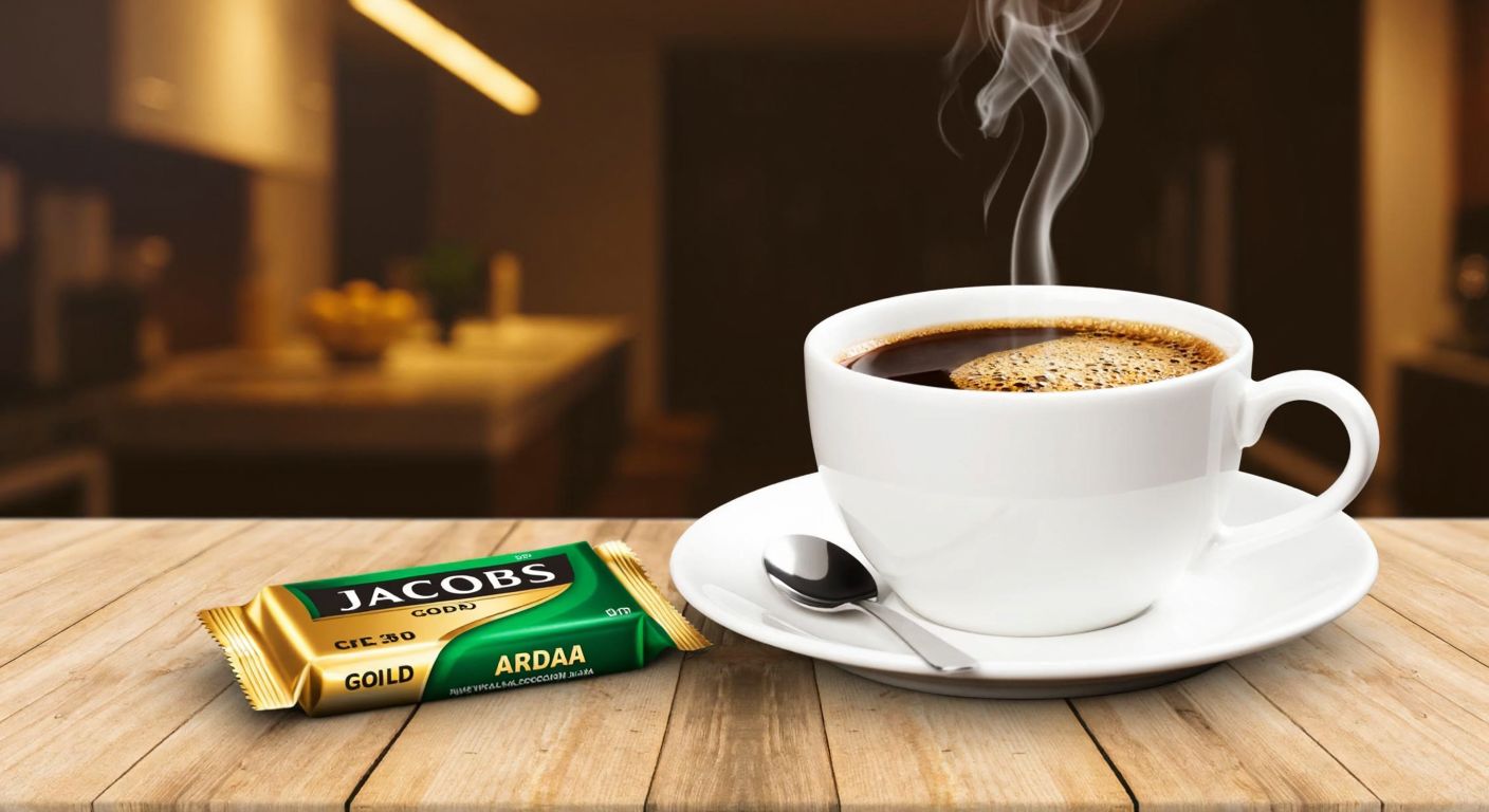 A steaming cup of rich, dark coffee with golden-brown foam sits on a wooden table in a cozy Turkish kitchen, surrounded by a small packet of Jacobs Gold 3ü1 Arada and a spoon resting on a saucer.