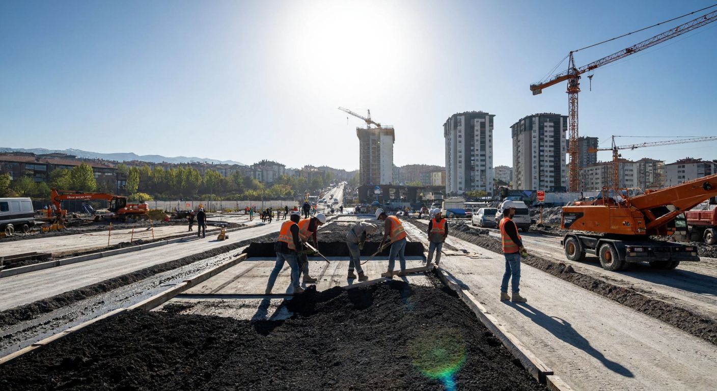 A bustling construction site in Kayseri with workers laying new roads under a bright sun, while modern cranes loom in the background and a cityscape blends traditional Turkish architecture with emerging infrastructure.