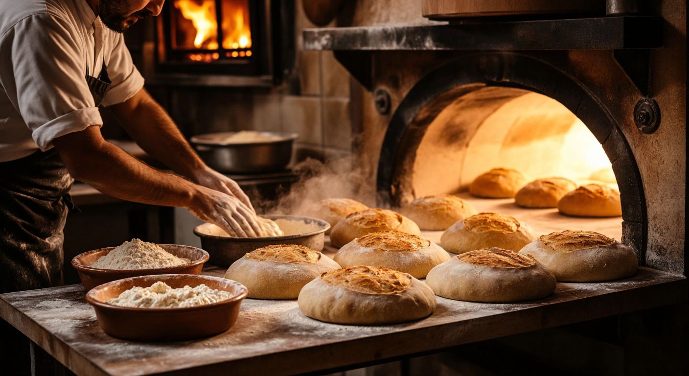 A warm Turkish bakery with golden loaves of bread rising in a wood-fired oven, a baker dusted in flour kneading dough, and a small bowl of fresh yeast beside a bubbling mixture.