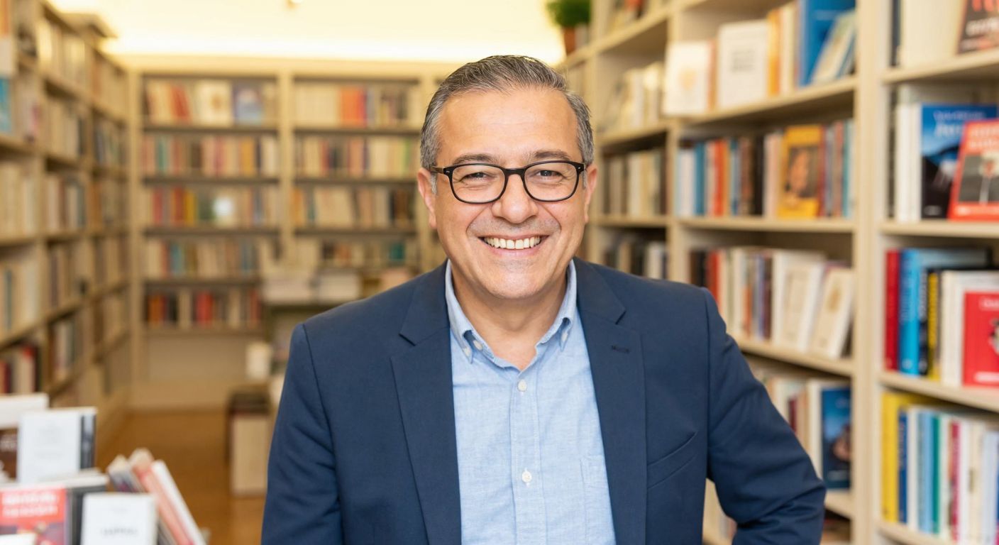 A middle-aged Turkish man with a warm smile, wearing glasses and a casual blazer, stands proudly in a cozy bookstore filled with colorful book covers and shelves.