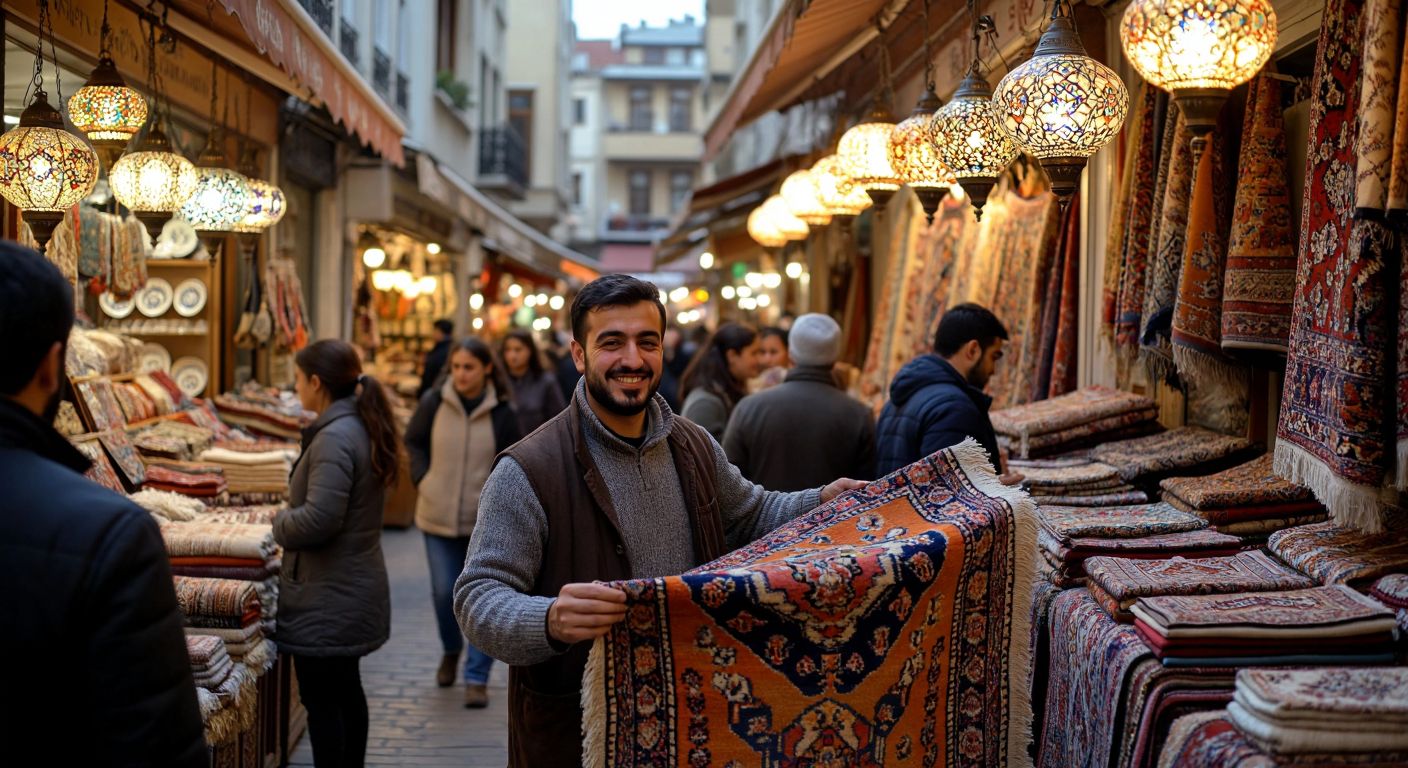A bustling Turkish bazaar with a smiling vendor holding up a colorful rug at a reduced price, surrounded by eager shoppers examining discounted textiles and ceramics under warm lantern light.