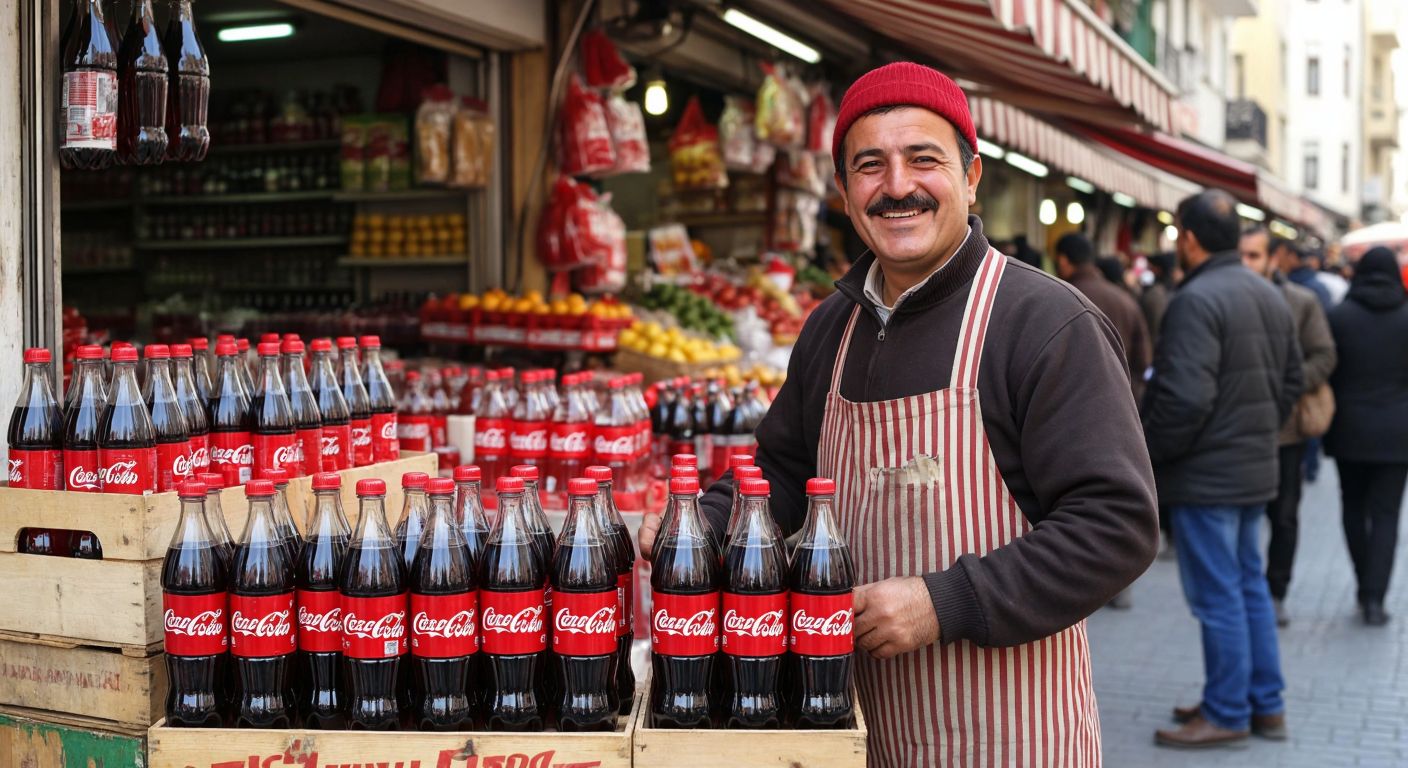 A cheerful Turkish street vendor in a bustling bazaar stacks rows of 1-liter Coca-Cola bottles on a wooden crate, smiling as customers browse under a striped awning.