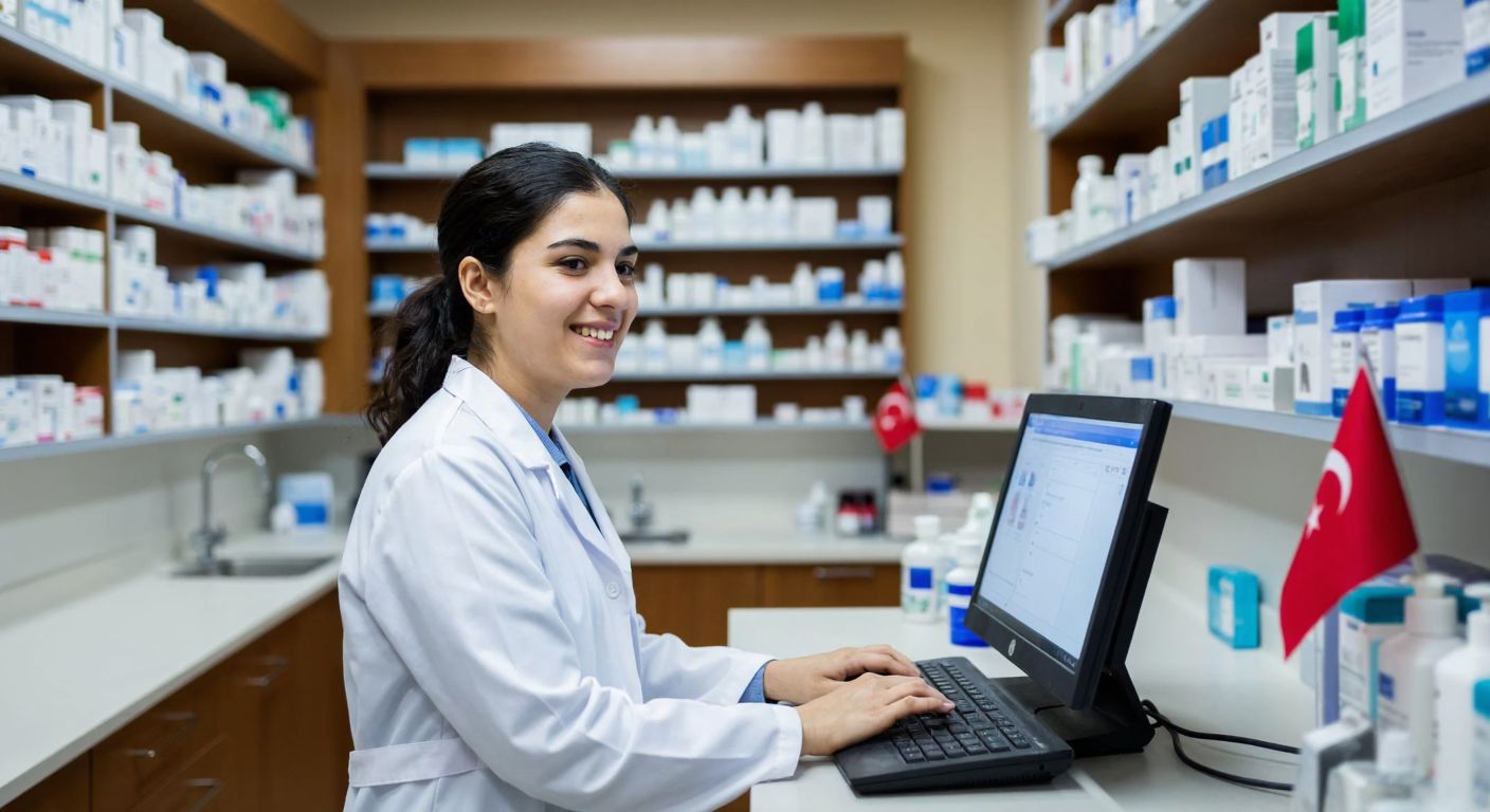 A Turkish pharmacist in a white coat smiles while entering data on a computer in a well-lit pharmacy, with shelves of medicines and a small Turkish flag in the background.