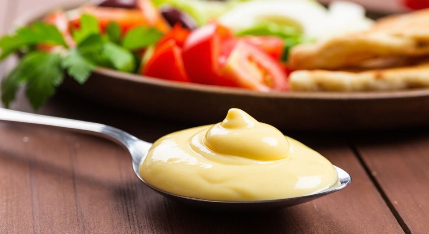 A creamy, golden-yellow dollop of Calvé mayonnaise sits perfectly on a spoon against a rustic wooden table, with a traditional Turkish meze platter in the background featuring fresh vegetables and warm bread.