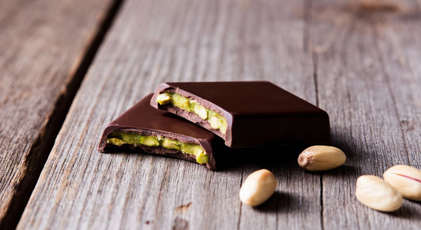 A single piece of Ülker pistachio-filled dark chocolate rests on a rustic wooden table in Turkey, with a few loose pistachios scattered nearby.