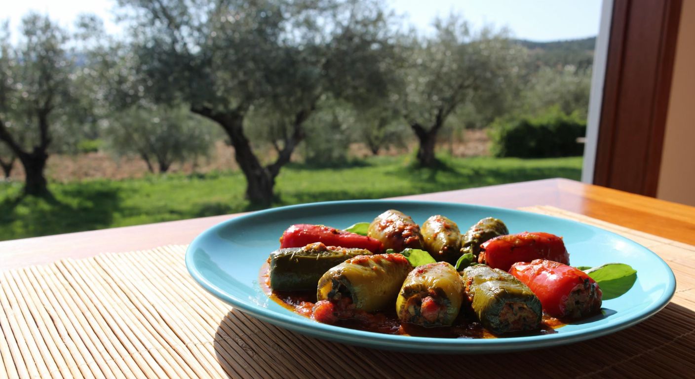 A vibrant plate of **Şıhıl Mahşi**, stuffed vegetables with rich spices, placed on a woven tablecloth in a sunlit kitchen with olive trees visible through the window.