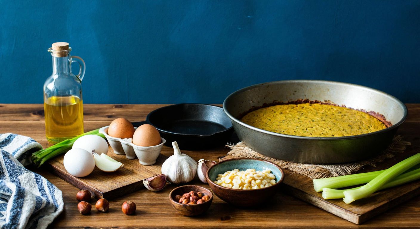 A warm Turkish kitchen with a wooden table displaying ingredients for lentil flour cake—green lentils, eggs, onions, garlic, hazelnuts, olive oil, and celery—alongside a mixing bowl and a rustic baking pan ready for the oven.