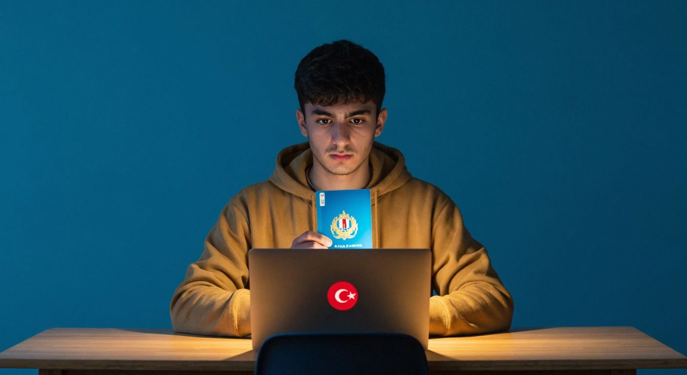 A young Turkish student with focused eyes sits at a wooden desk, holding a national ID card while a laptop screen glows softly in front of them, reflecting the ÖSYM logo on a minimalist blue background.