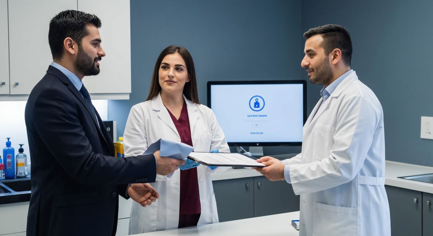 A professional Turkish laboratory worker in a white coat hands a sealed medical report to a suited businessman in a modern clinic, with a computer monitor displaying a login screen in the background.