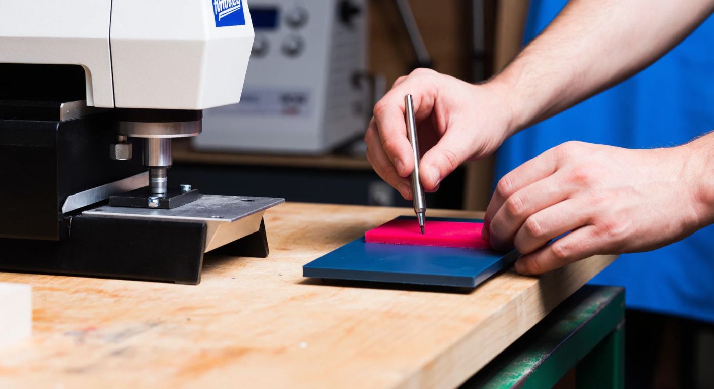 A close-up of a skilled artisan’s hands carefully applying a vibrant red ink design onto a sleek metal pen using a silicone pad, with a laser engraving machine and silk screens neatly arranged on a wooden workshop table in the background.