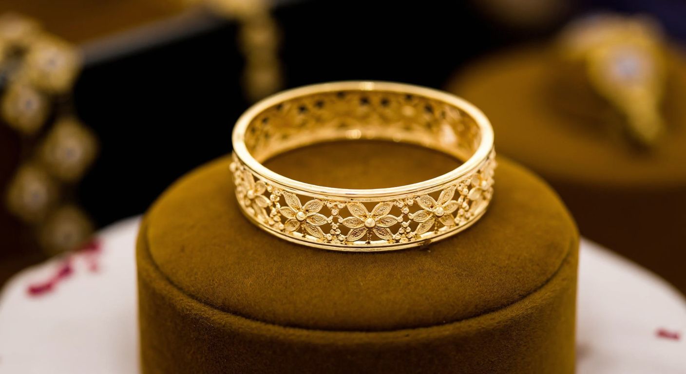 A delicate golden bracelet with intricate floral patterns rests on a velvet cushion, reflecting warm light in a traditional Turkish jewelry shop.