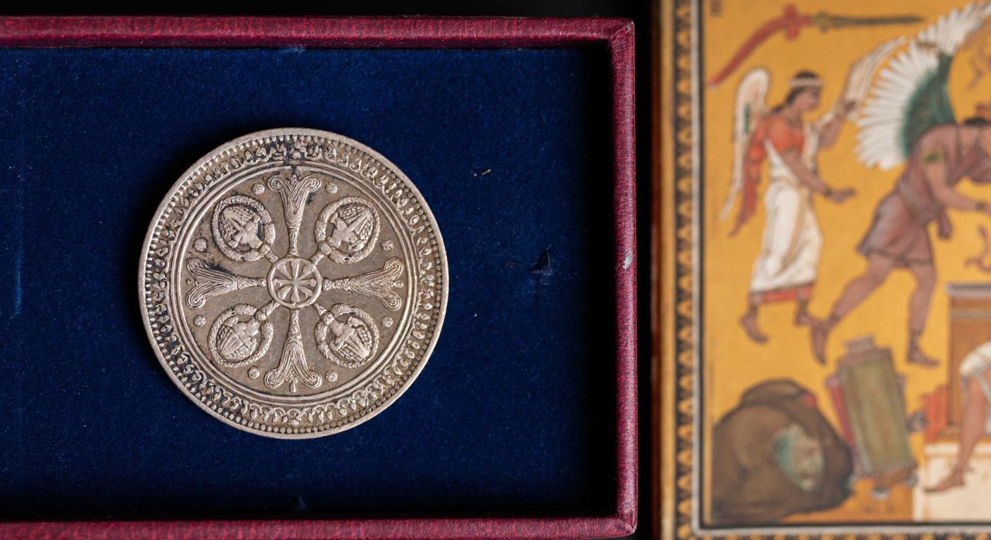 A weathered Armenian coin with intricate cultural motifs rests on a velvet-lined collector's box, surrounded by faint historical frescoes depicting ancient Armenian artisans at work.