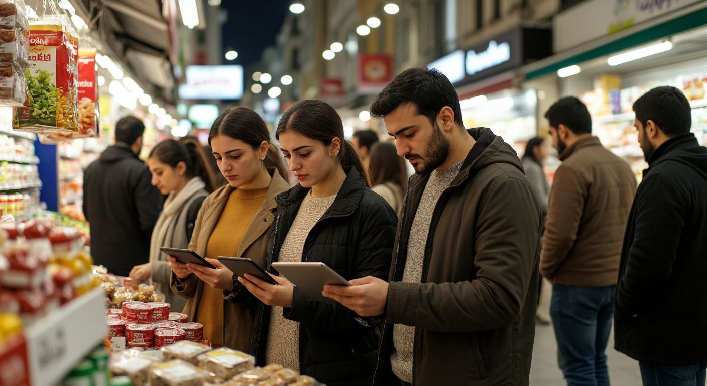 A diverse group of Turkish consumers in a bustling market, carefully examining product labels with thoughtful expressions, while a digital tablet displays a simplified interface of the Boykot.co platform nearby.
