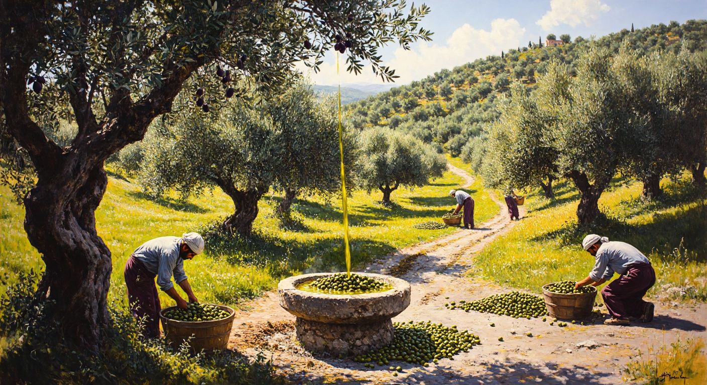 A sunlit olive grove in Turkey with workers harvesting ripe olives and a traditional stone press extracting golden olive oil.