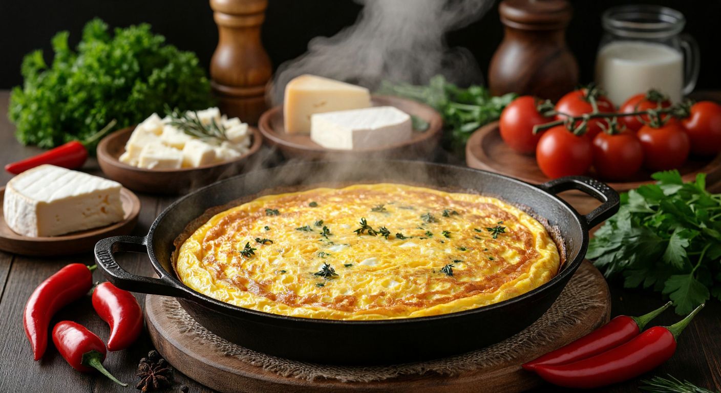 A golden, fluffy omelette sizzling in a cast-iron pan on a Turkish breakfast table, surrounded by fresh vegetables, cheese, and herbs, with steam rising to evoke nourishment and vitality.