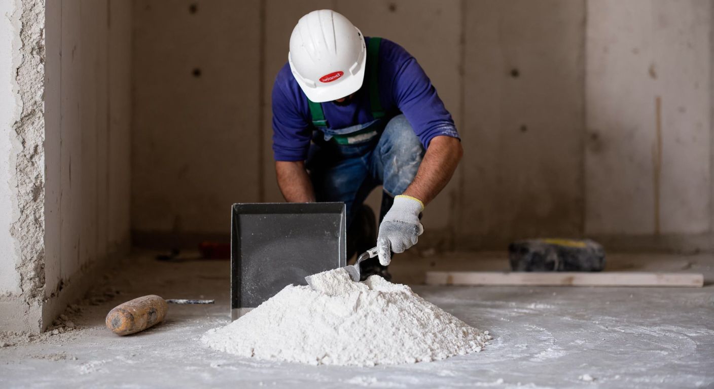 A Turkish construction worker in a dusty worksite carefully measures a pile of white plaster powder next to a trowel and an unfinished wall.