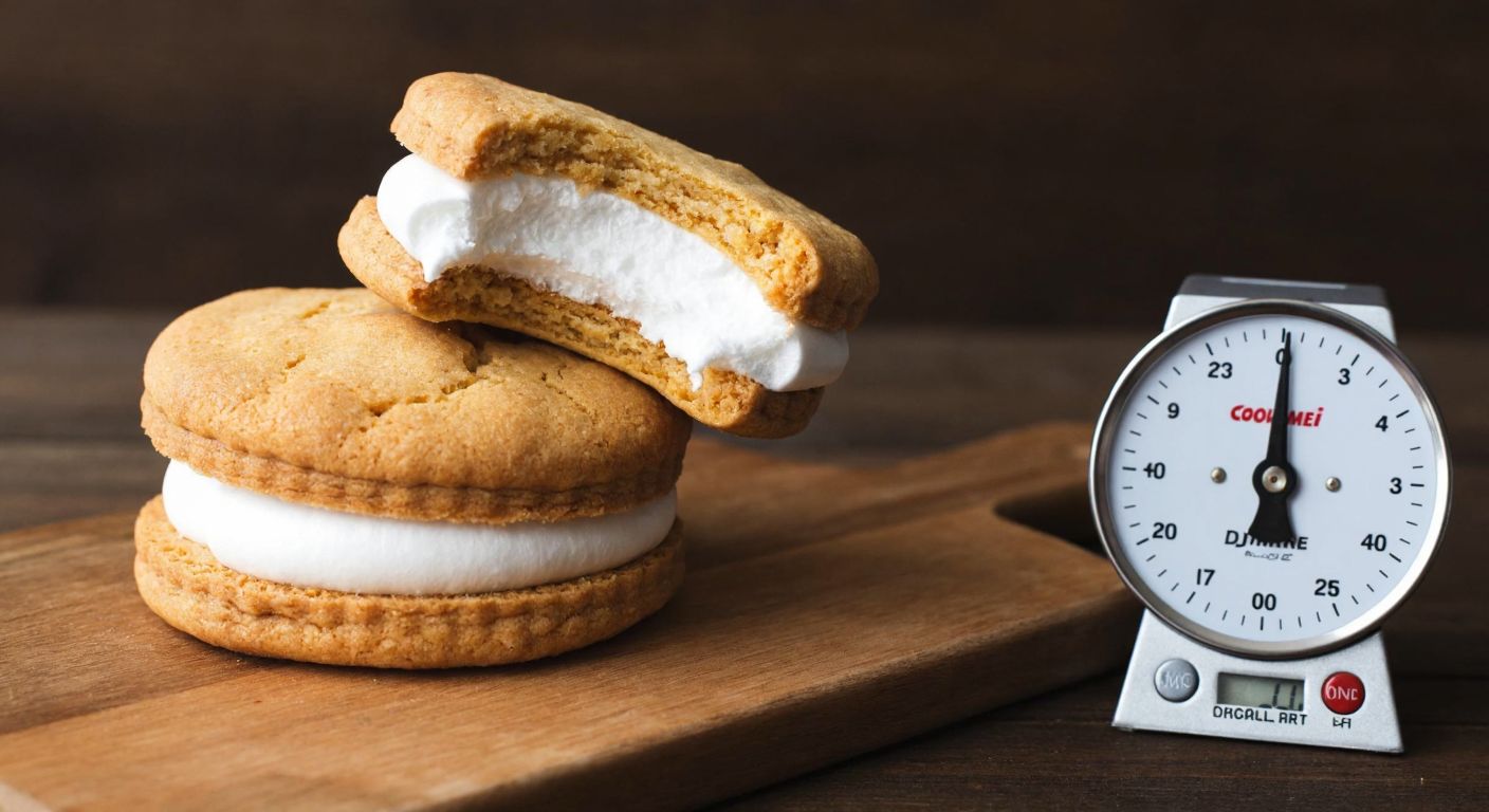 A close-up of a golden-brown **Çokomel Dev Muzlu** biscuit with a fluffy marshmallow center, placed on a rustic wooden table beside a small kitchen scale showing its weight, evoking warmth and indulgence.
