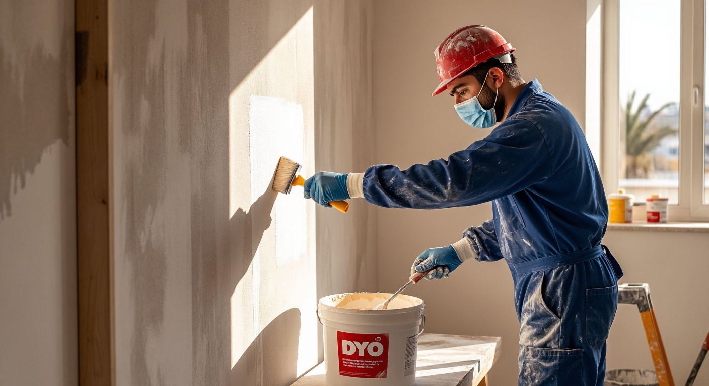 A Turkish worker in a blue jumpsuit carefully rolls moisture-resistant paint onto a freshly prepped wall in a sunlit room, wearing protective gloves and a mask, with a bucket of DYO-branded paint and tools nearby.