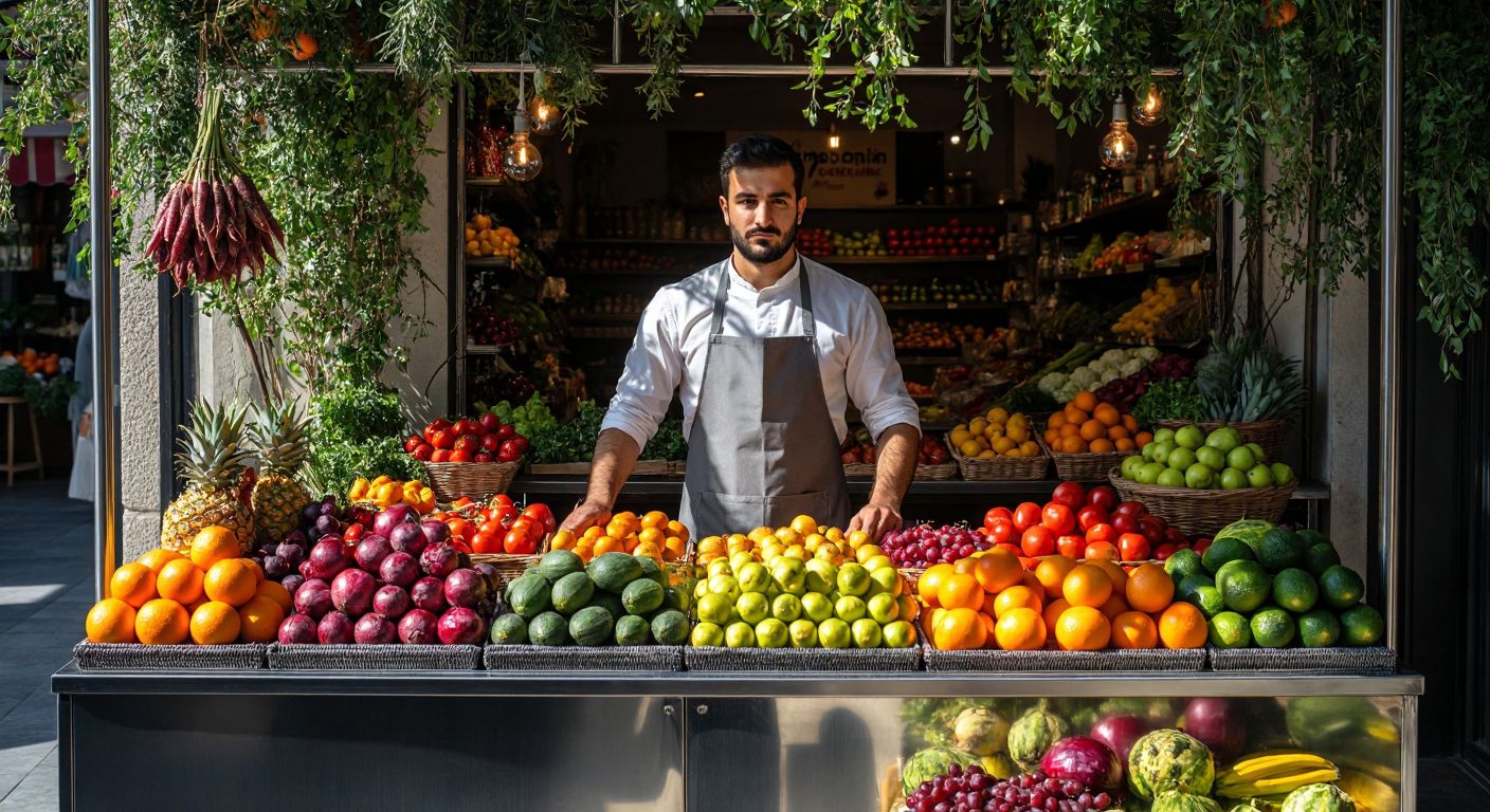 A Turkish grocer in a crisp, stainless steel apron stands behind a polished, mirrored counter filled with vibrant fruits and vegetables, bathed in natural sunlight.
