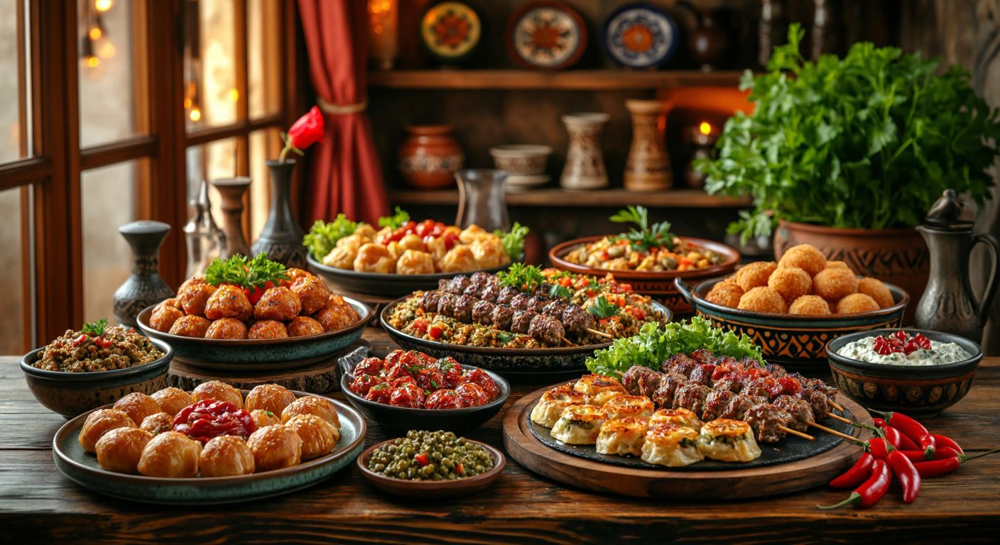 A vibrant Turkish food poster featuring a colorful spread of kebabs, baklava, and meze dishes on a wooden table, with warm lighting and decorative ceramic plates in the background.
