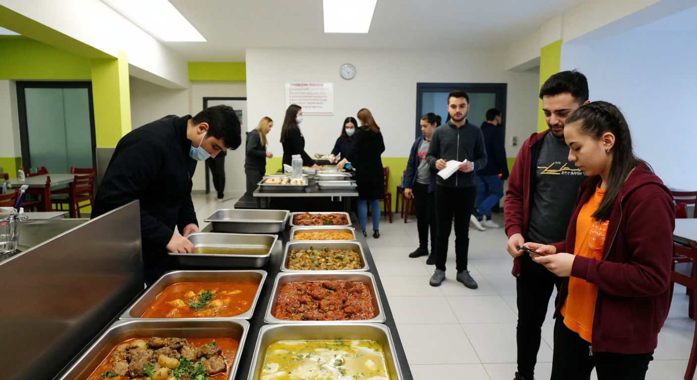 A bustling hospital cafeteria in Derince with trays of steaming Turkish dishes like lentil soup and kebabs, while a group of students checks a notice board in a nearby youth dormitory.